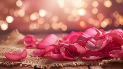 A table covered in pink petals and a brown cloth