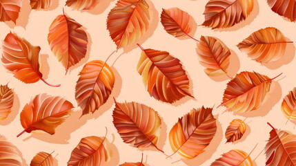 Seamless pattern. Vibrant autumn leaves on a soft peach background, ideal for seasonal designs and warm themes.