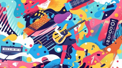 An illustration set of vintage banners with female characters playing guitar and notes, a microphone, a cassette player, and retro fonts.