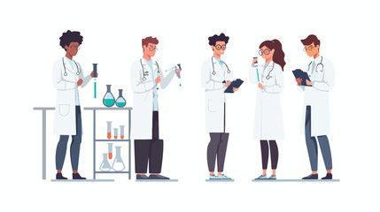 Four of scientists characters in laboratory. Four of