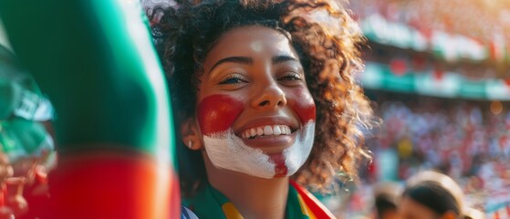 Soccer Match at a Stadium: Beautiful Bi-racial Fan Girl Cheering her Team to Win, Playing the Tambourine. Crowd Celebrates Goal, Victory. - Powered by Adobe