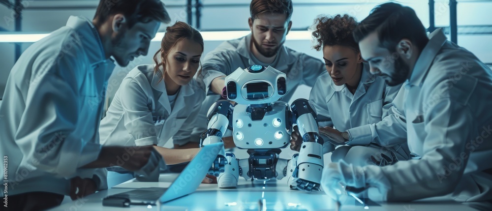 Poster researchers program the automated ai robotic dog using tablet and laptop computers gathered around a