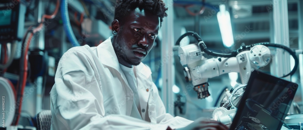 Poster this video shows a talented african robotics engineer analyzing robotic machine concepts in a high t