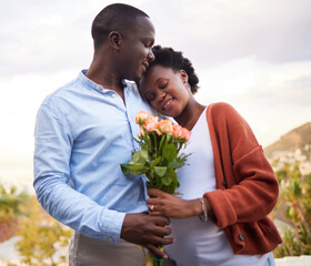 Pregnant, wife and couple with man and flowers, outside and bonding for relationship. Husband,...