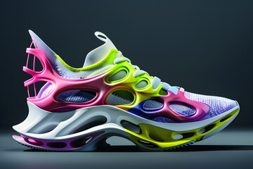 Futuristic and colorful sneakers with neon accents isolated on black background