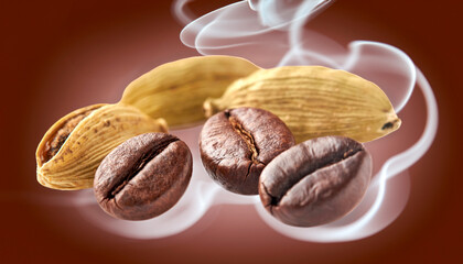 Coffee beans with cardamom on white background