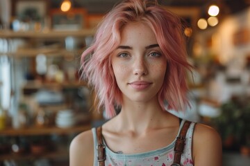 Fototapeta premium Portrait of a trendy young woman with pink hair and freckles, looking at the camera with a subtle smile in a cozy cafe setting