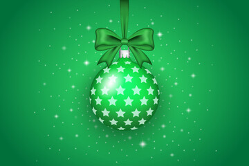 Christmas ball hanging with green bow. Snow background. Vector illustration