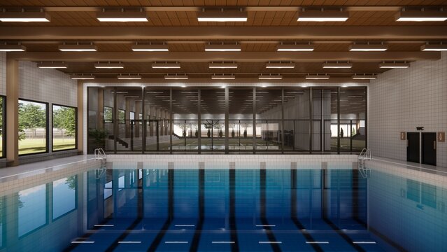 Swimming pool interior 3d design, indoors with big transparent glass panoramic window and wood ceiling
