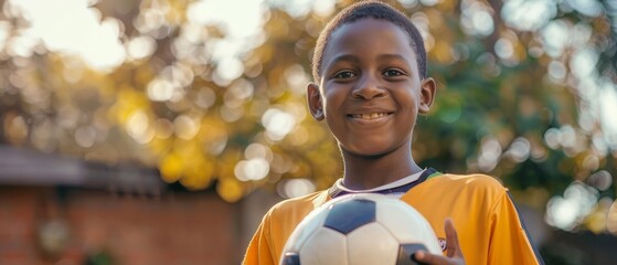 A young handsome black boy holding a soccer ball while looking at the camera and smiling. African kid standing in backyard with friends. Sports, childhood, friendship concept.