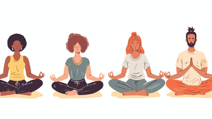 Four young woman and man meditating in lotus pose and