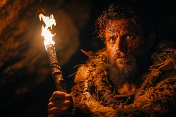 In the image, a man wearing primal-looking clothing appears to be in a dark setting, holding a lit torch, gazing intently