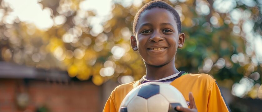 A young handsome black boy holding a soccer ball while looking at the camera and smiling. African kid standing in backyard with friends. Sports, childhood, friendship concept.