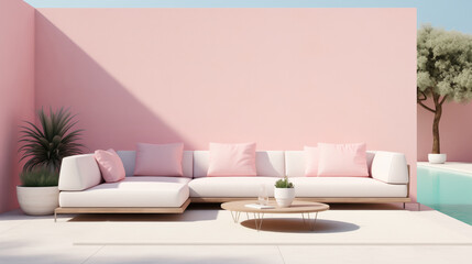 A white couch with pink pillows sits in front of a pink wall