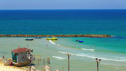 Vibrant Beach Scene Aerial View Blue Turquoise Waters