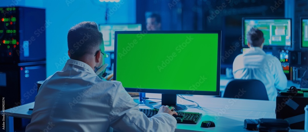 Poster in the background, we can see two developers working on a computer with green screen mock-up display