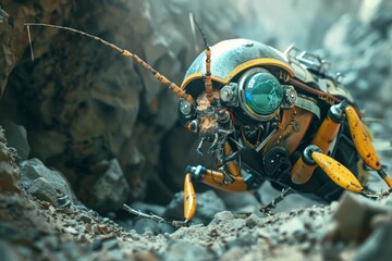 A cute of a burrowing insect dressed in a miners outfit, digging through an artificial underground habitat with cyberpunk 80s styles, Sharpen banner with copy space