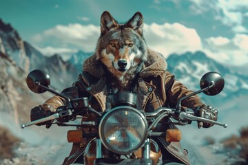 A cute of a pack animal, a wolf in a leather jacket leading a motorcycle gang through a mountainous terrain with portrait, Sharpen banner hitech styles with copy space