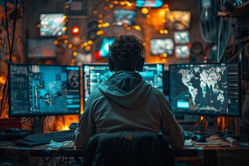 A person sitting in a chair in a room filled with monitors displaying various data and technological activities