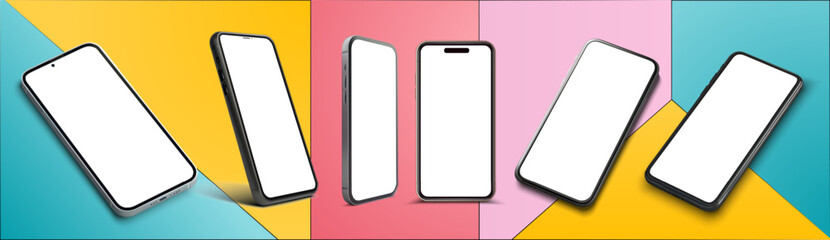 Naklejka premium Modern Smartphones Display Collection on Colorful Backgrounds. Modern smartphones with blank screens, displayed in various angles across a multicolored background, perfect for digital mockups. Vector