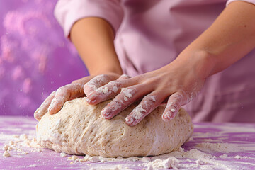 Obraz premium A woman is kneading dough, isolated on a purple background. she testing the dough for baking bread