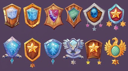 Modern cartoon illustration of colorful star insignia badges decorated with gemstones and wings on a background of wood and metal textures.