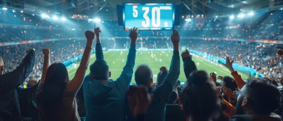 Soccer Stadium Championship Match, Scoreboard Screen Showing 2:1. Fans Cheering, Screaming, Having...