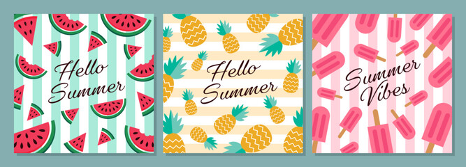Vector card with pineapple, watermelon, ice-cream and lettering. Hello summer. Typographic printable banner for summer design. Hand drawing abstract fruit background.