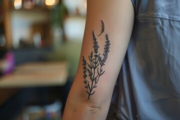 lavender tattoo on female hand or arm. Botanical tattoo design inspiration.
