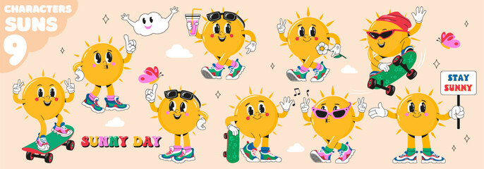Sun in retro groovy style in various poses and angles. Fashionable character in stylish shoes for your designs. Sticker, print, poster.Vector design