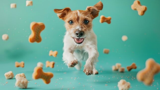 A dog surrounded with floating bone, Dog Biscuits, Professional studio photography
