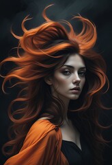 Fototapeta premium Ethereal woman with flowing red hair, mystical female portrait with long ginger locks, cinematic fantasy character on dark background
