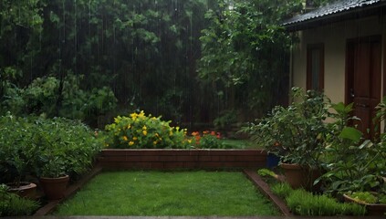 Fototapeta na wymiar Home, garden, rain