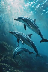 Naklejka premium dolphins swim in the sea. Selective focus.