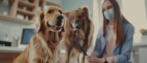 This golden retriever is examined by a female veterinarian at a contemporary veterinary clinic as a male dog owner brings his furry companion to get a check-up.