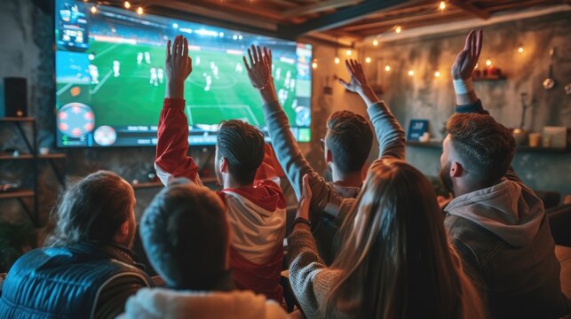 A crowd gathers around a large display device to share the excitement of a football game, building an entertaining event filled with fun and leisure. AIG41
