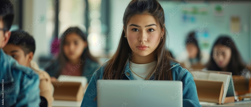 Poster smart female student using a laptop computer in class while studying with diverse multi-ethnic class