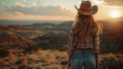 Blond cowgirl standing and looking at her ranch