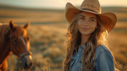 Beautiful smiling cowgirl with horse