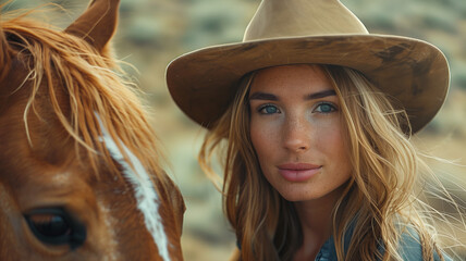 Woman wearing cowboy's hat with her horse