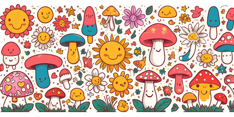 Cartoon mushroom and flower pattern with white background

