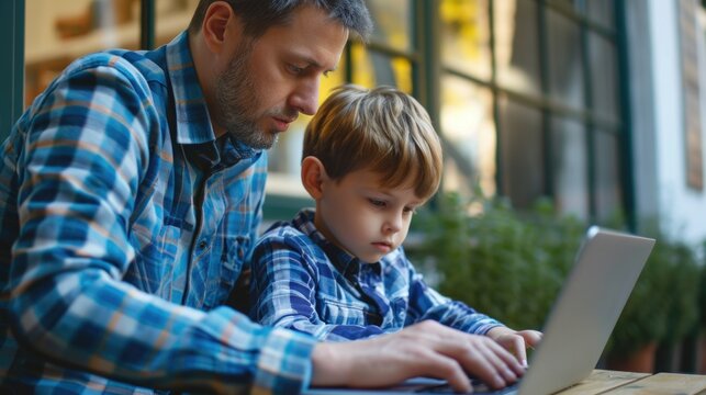 A Young Boy and an Adult working together on a laptop Fictional Character Created By Generative AI. 