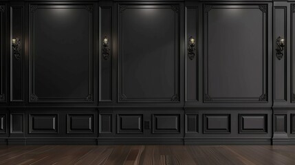 A realistic black Victorian style wall with wooden plank decor. Modern illustration of a vintage panel hanging in an elegant room of a museum, office, gallery, house, and palace.