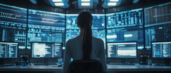 The image shows a woman working on a desktop computer, analysing data, and creating artificial intelligence software in a monitoring room surrounded by big screens.