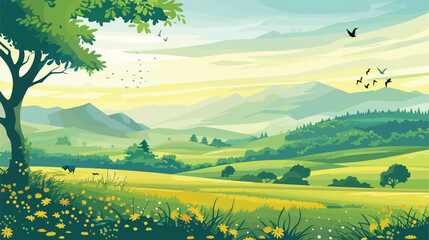 Green summer landscape with fields and mountains. Lov