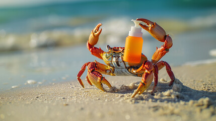 Crab on the beach grabbing a bottle of sunscreen