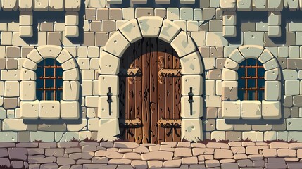 Fortress wall with gate modern background. Cartoon game brick fortress with closed door. Stone palace exterior with wood doorway. Fairy tale fortification protection.