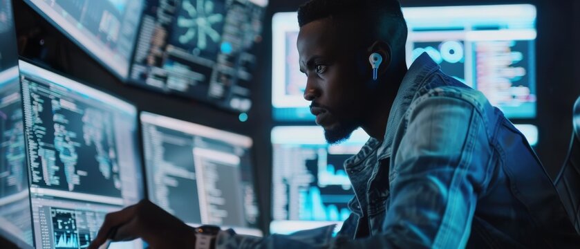 An African-American developer typed on a computer while being surrounded by transparent screens that showed code lines. A professional programmer traces out code lines and runs coding tests.