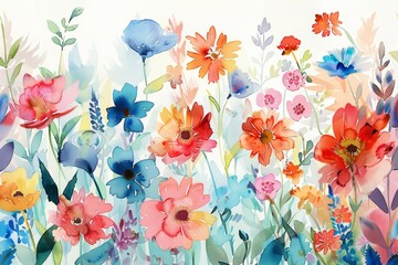 Cute watercolor of a variety of flowers blooming in a vibrant festival atmosphere, depicted in kawaii styles, Simple detail clipart cute watercolor on white background