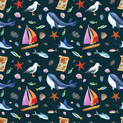 Sea animals, whale, stingray, fish, map, ship, shells, stones on a dark background. Watercolor illustration. Seamless pattern. For fabrics, textiles, wallpaper, wrapping paper, design